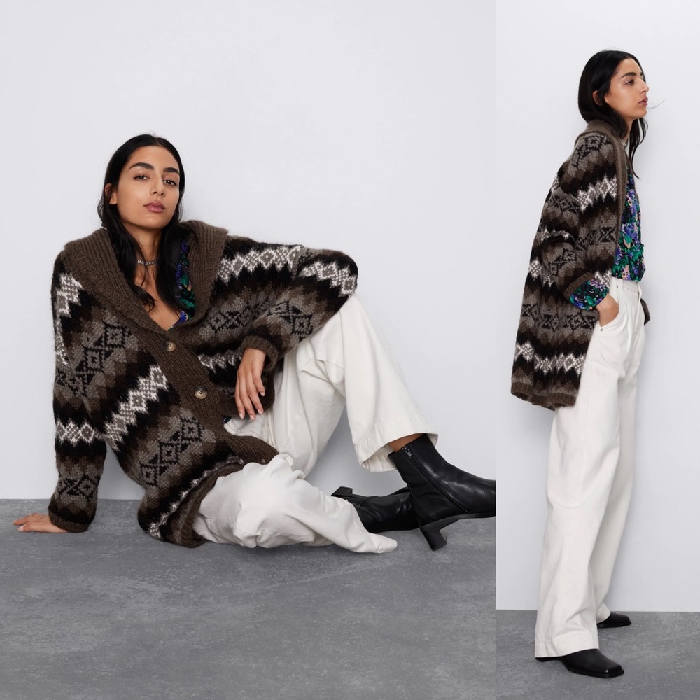 Zara Jacquard Long Cardigan Brown M